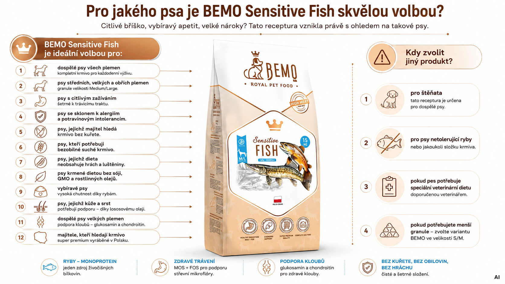 BEMO Sensitive Fish Medium/Large Mono - suché krmivo pro psy - 15kg - foto 2