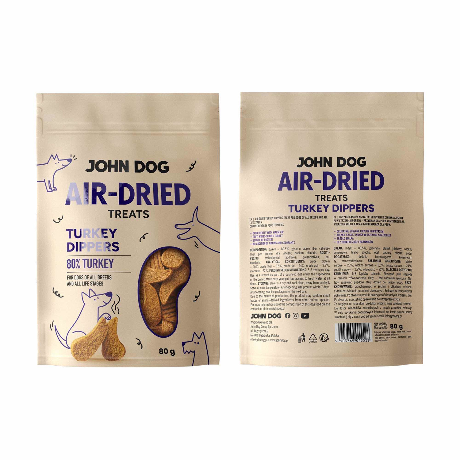 JOHN DOG Air-Dried Turkey dippers - pamlsek pro psa - 80g - foto 3