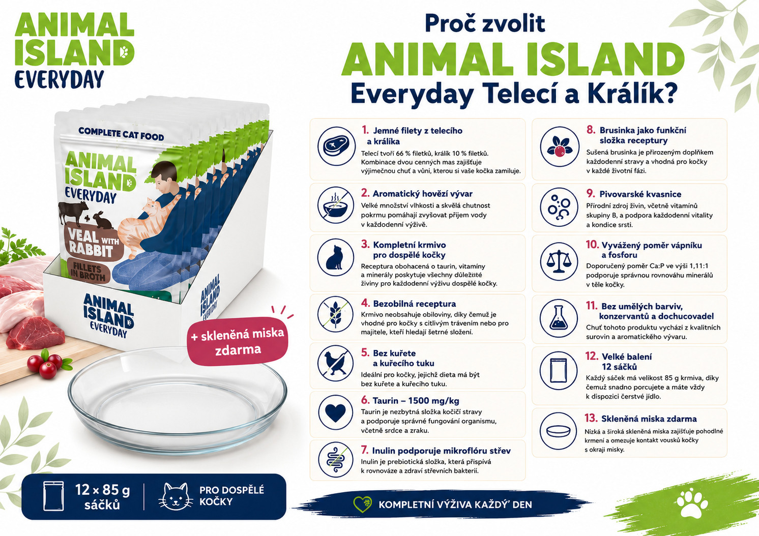 ANIMAL ISLAND Everyday Veal and rabbit in broth Box - mokré krmivo pro kočky - 12x85g + talířek zdarma - foto 1