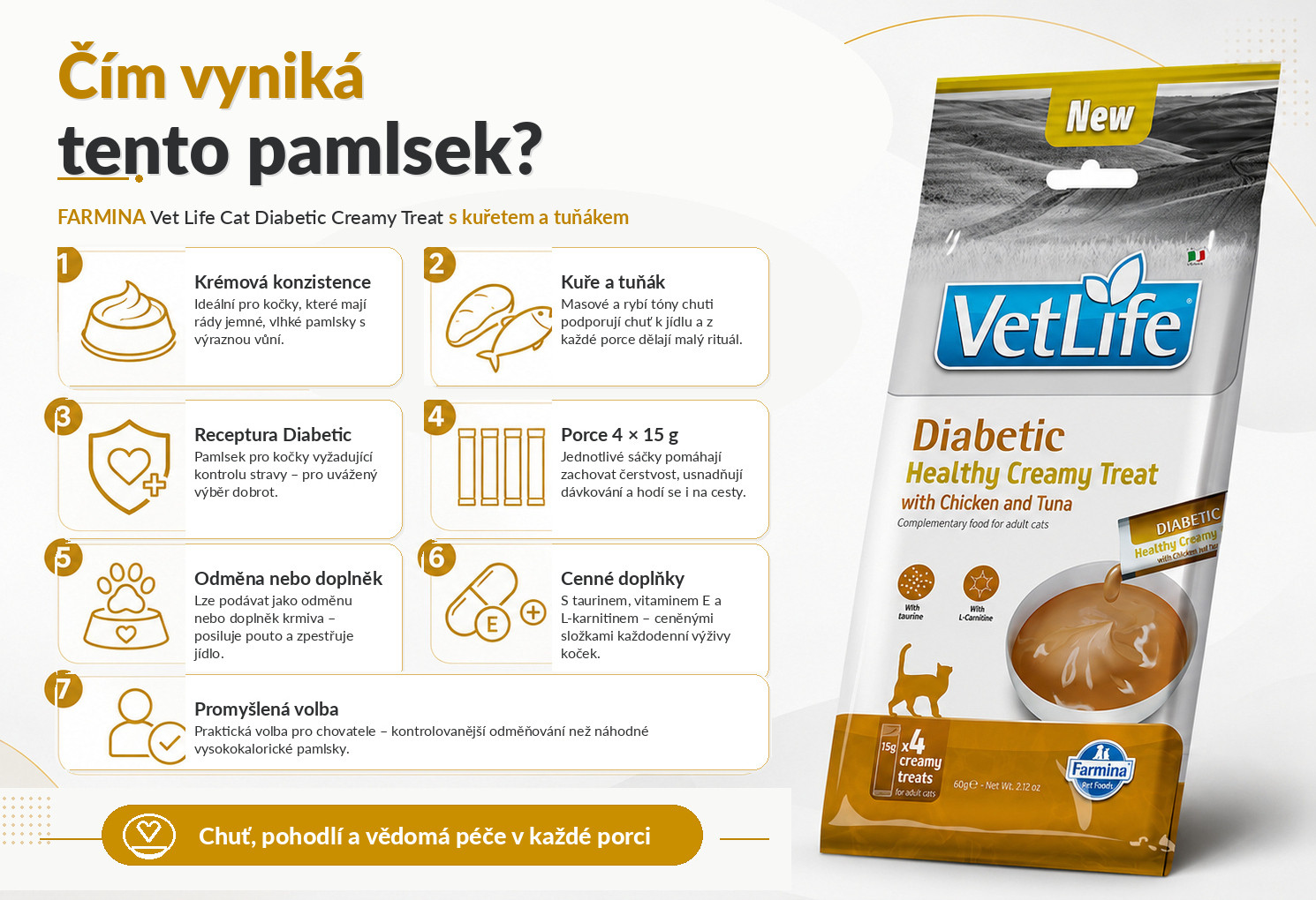 FARMINA Vet Life Cat Diabetic Creamy treat with Chicken & Tuna box – pamlsek pro kočku – 4x15g - foto 1