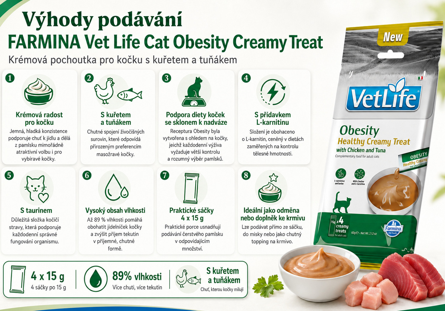 FARMINA Vet Life Cat Obesity Creamy treat with Chicken & Tuna box – pamlsek pro kočku – 12x(4x15g) - foto 1