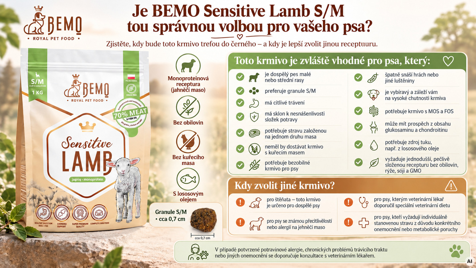 BEMO Sensitive Lamb Small/Medium Mono - suché krmivo pro psy - 1kg - foto 2