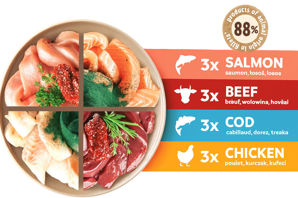 SHELMA with salmon, cod, chicken and beef in sauce - mokré krmivo pro kočky - 12x85g - foto 2