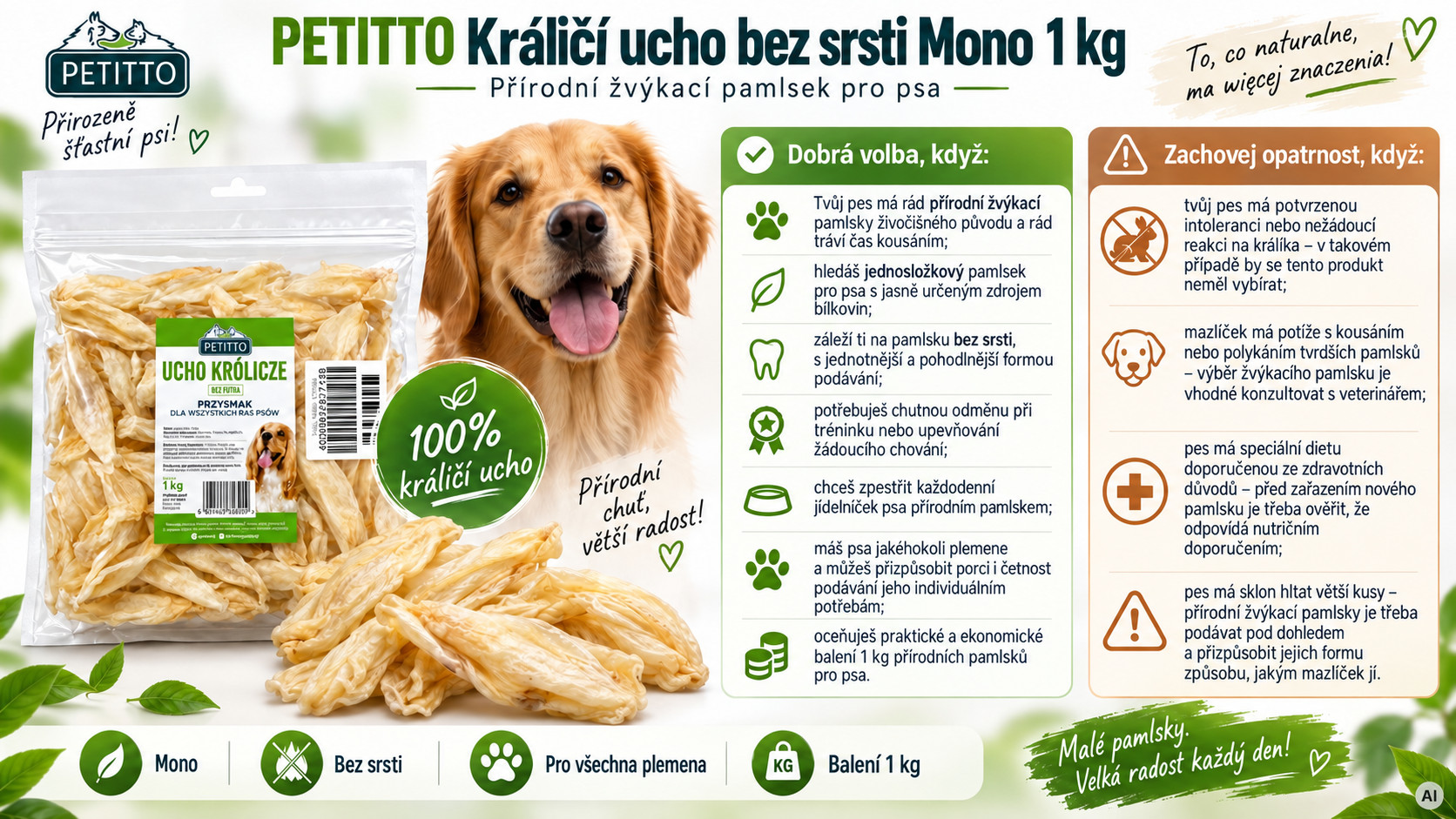 PETITTO Rabbit ear without fur Mono - pamlsek pro psa - 1kg - foto 2