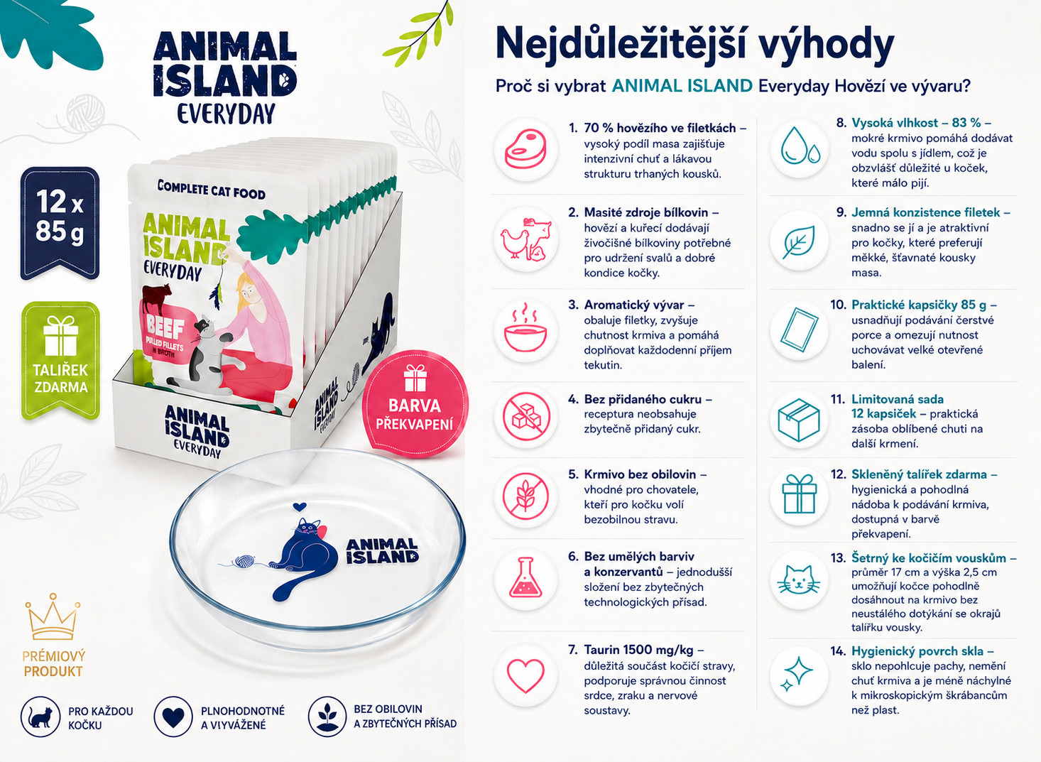 ANIMAL ISLAND Everyday Beef in broth Box - mokré krmivo pro kočky - 12x85g + talířek zdarma - foto 1