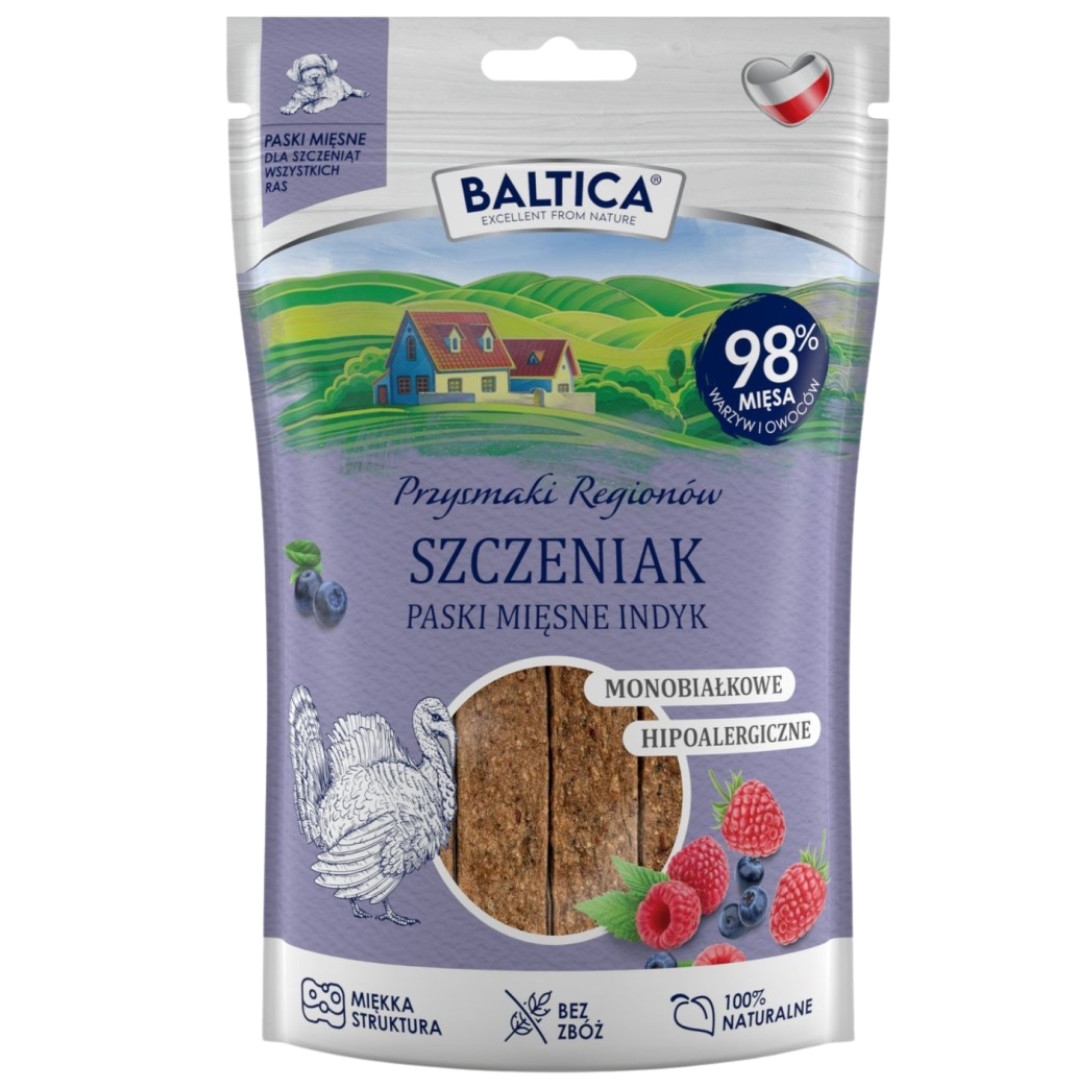 BALTICA Przysmaki Regionów Puppy Mono Masové pásky Krůta – pamlsek pro psa – 90 g - foto 1