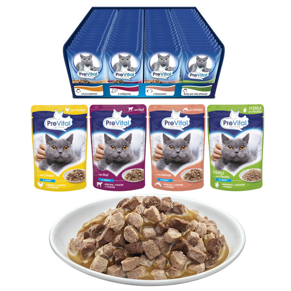 PREVITAL Cat Food Mix 4 Příchutě Kuře, Telecí, Losos, Drůbež – mokré krmivo pro kočky – 96 x 100 g - foto 1