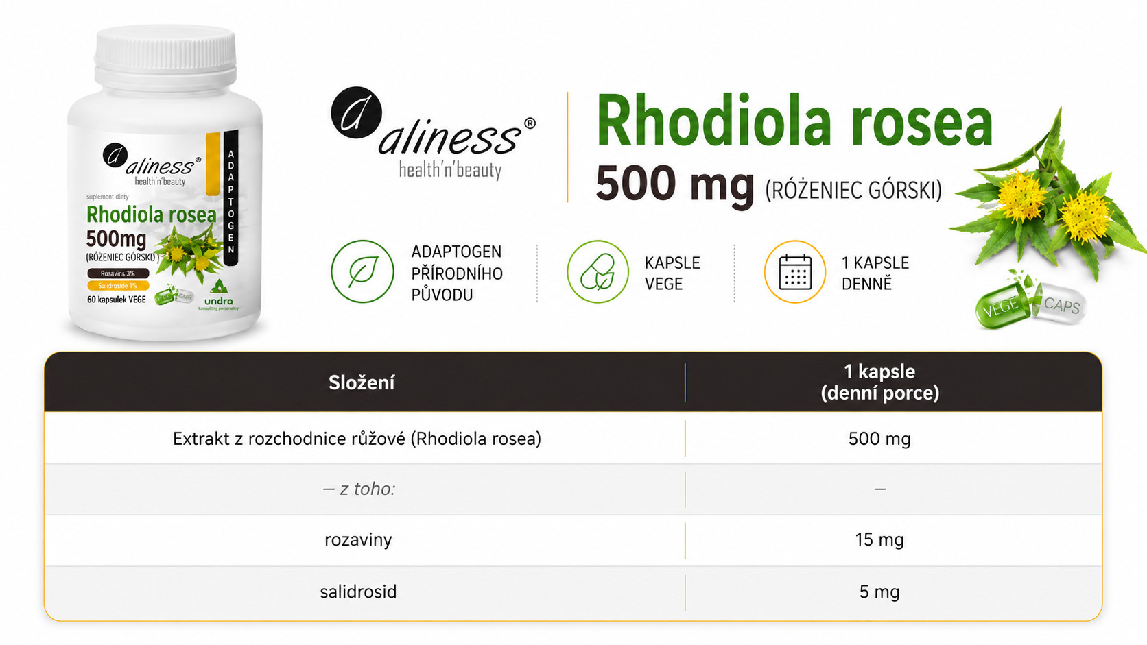 ALINESS Rhodiola rosea 500 mg – doplněk stravy – 60 kapslí - foto 6