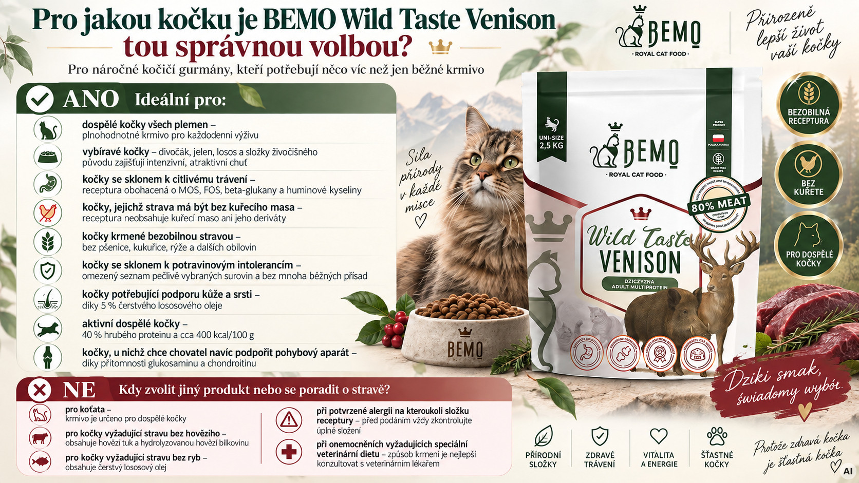 BEMO Cat Wild Taste Venison- suché krmivo pro kočky - 2,5kg - foto 2
