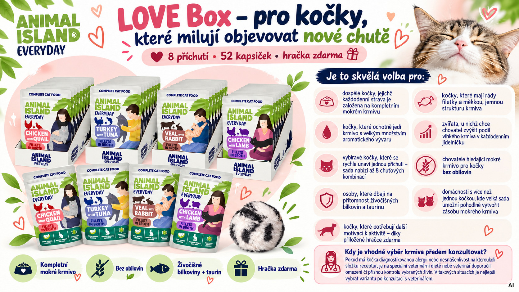 ANIMAL ISLAND Love Box Fillets in Broth Box + Toy - mokré krmivo pro kočky - 48x85g - foto 2