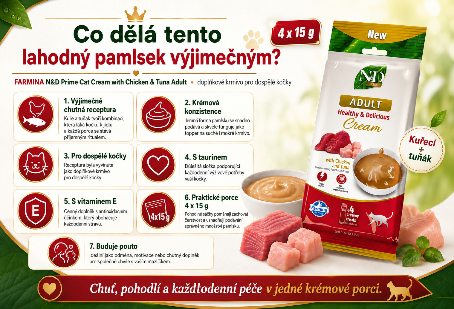 FARMINA N&D Prime Cat Cream s kuřecím masem a tuňákem pro dospělé kočky – pamlsek pro kočky – 4 × 15 g - foto 1