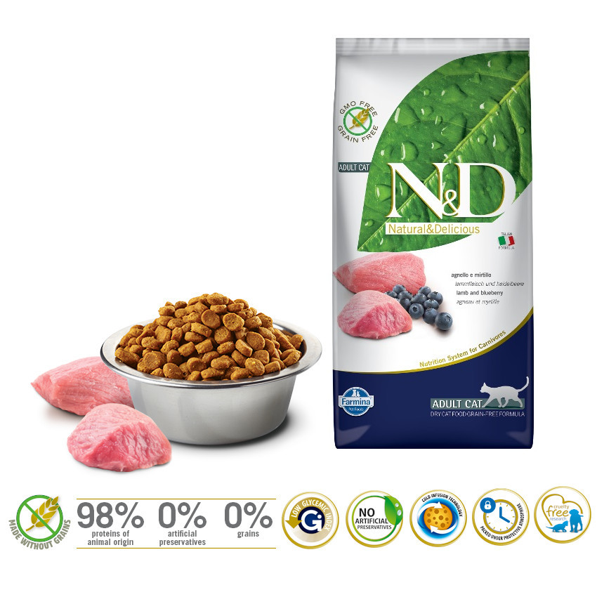 FARMINA N&D Prime Lamb and Blueberry Adult - suché krmivo pro kočky - 5 kg - foto 1