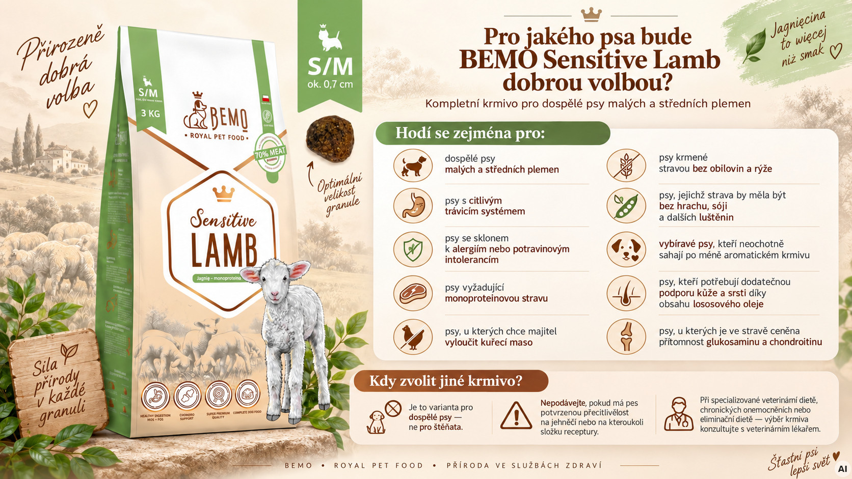 BEMO Sensitive Lamb Small/Medium Mono - suché krmivo pro psy - 3kg - foto 2