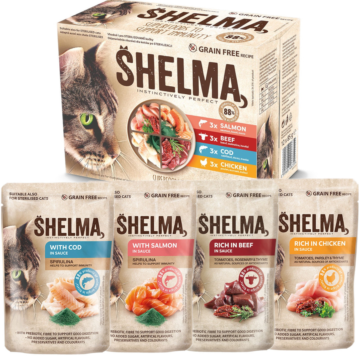 SHELMA with salmon, cod, chicken and beef in sauce - mokré krmivo pro kočky - 12x85g - foto 1
