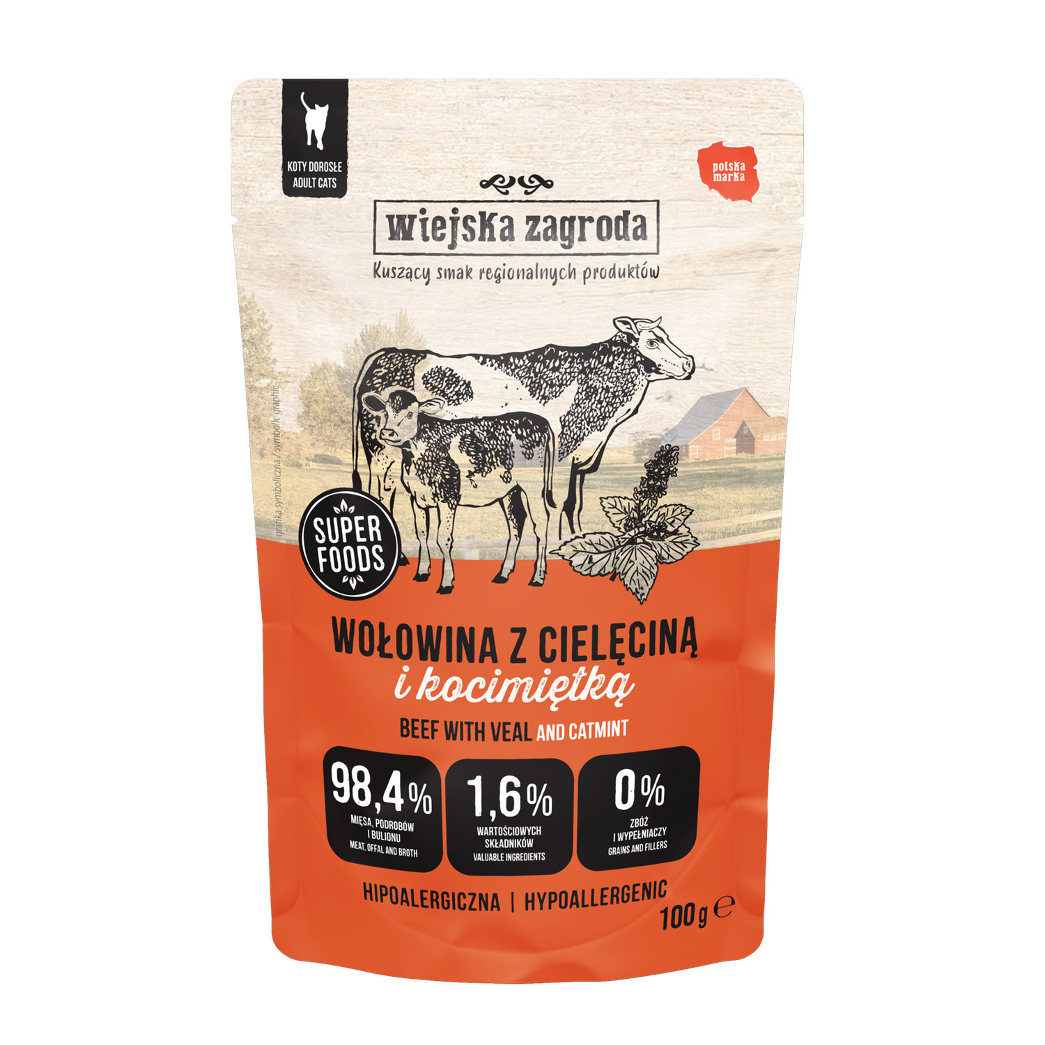 WIEJSKA ZAGRODA Hovězí s telecím masem a šantou kočičí – mokré krmivo pro kočky – 100g - foto 1