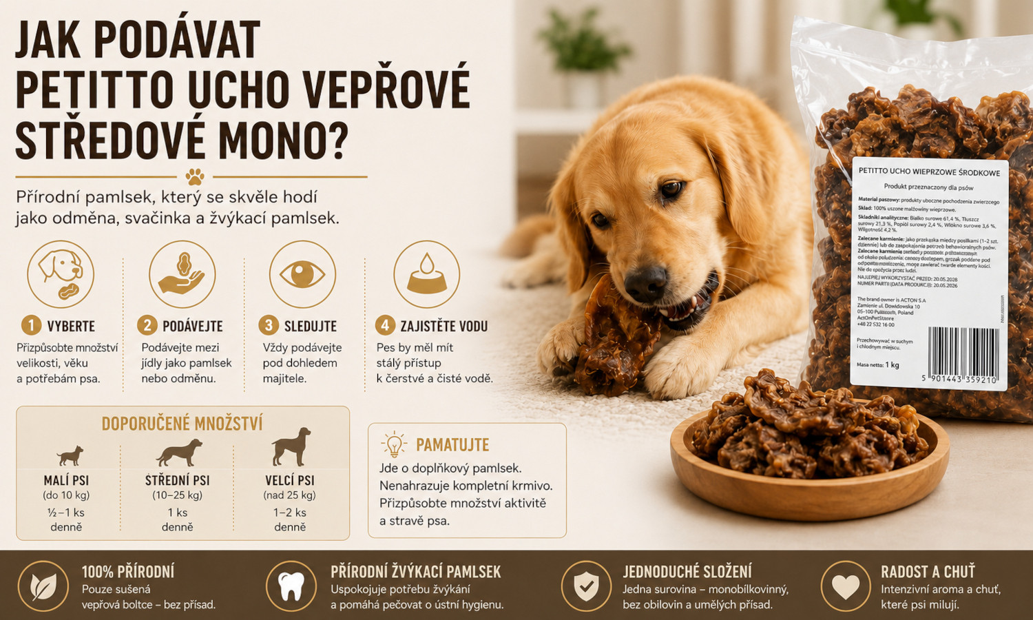 PETITTO střední vepřové ucho Mono - pamlsek pro psy - 1 kg - foto 2