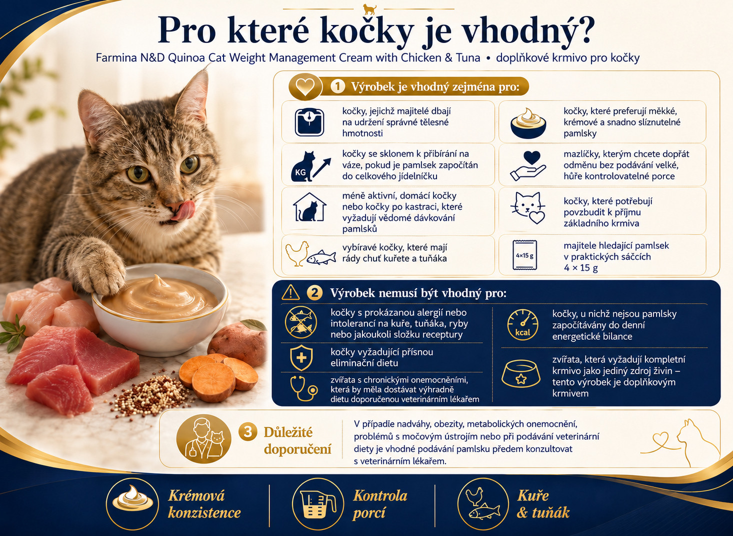FARMINA N&D Quinoa Cat Weight Management Cream with Chicken & Tuna box – pamlsek pro kočku – 4x15g - foto 2