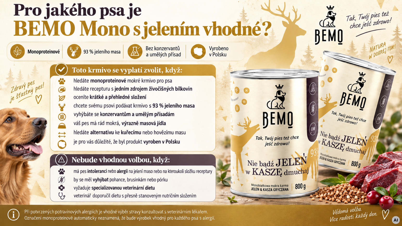 BEMO Nie bądź Jeleń w kaszę dmuchaj Mono - vlhké krmivo pro psy - 800g - foto 2