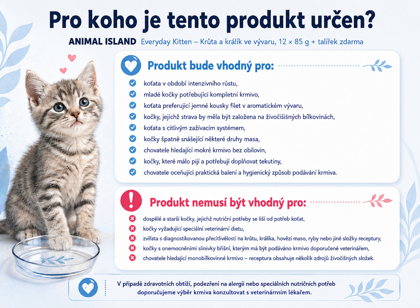 ANIMAL ISLAND Everyday Kitten Turkey and rabbit in broth Box - mokré krmivo pro kočky - 12x85g + talířek zdarma - foto 2