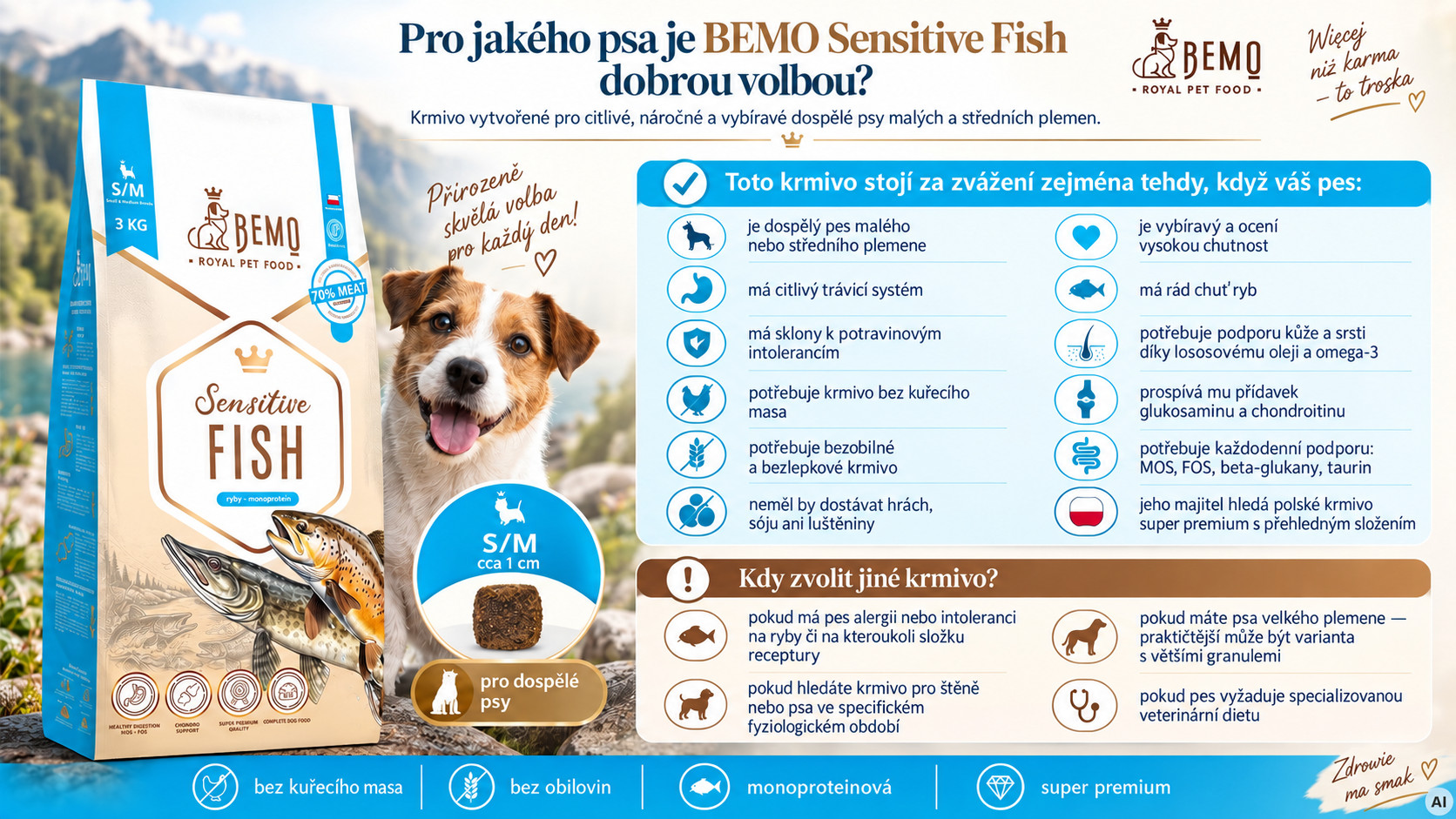 BEMO Sensitive Fish Small/Medium Mono - suché krmivo pro psy - 3kg - foto 2