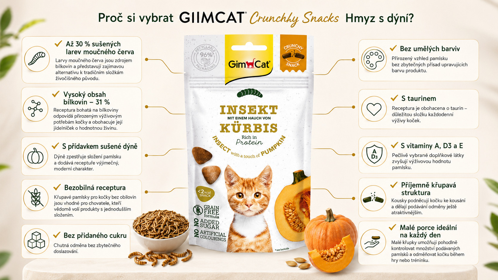 GIMCAT Crunchy Snacks Insect with pumpkin - pamlsek pro kočky - 50g - foto 1