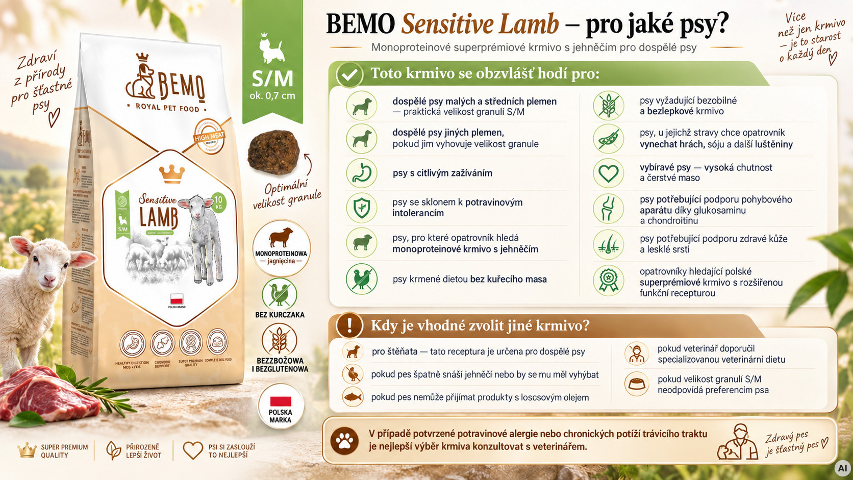 BEMO Sensitive Lamb Small/Medium Mono - suché krmivo pro psy - 10kg - foto 2