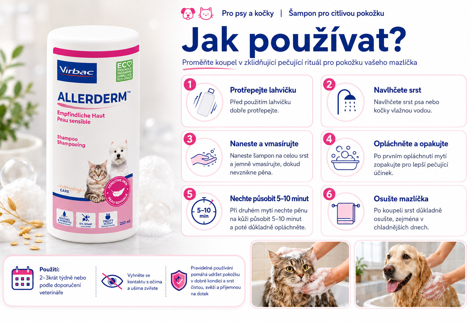 VIRBAC Allerderm citlivá kůže - šampon pro psy a kočky - 250 ml - foto 2
