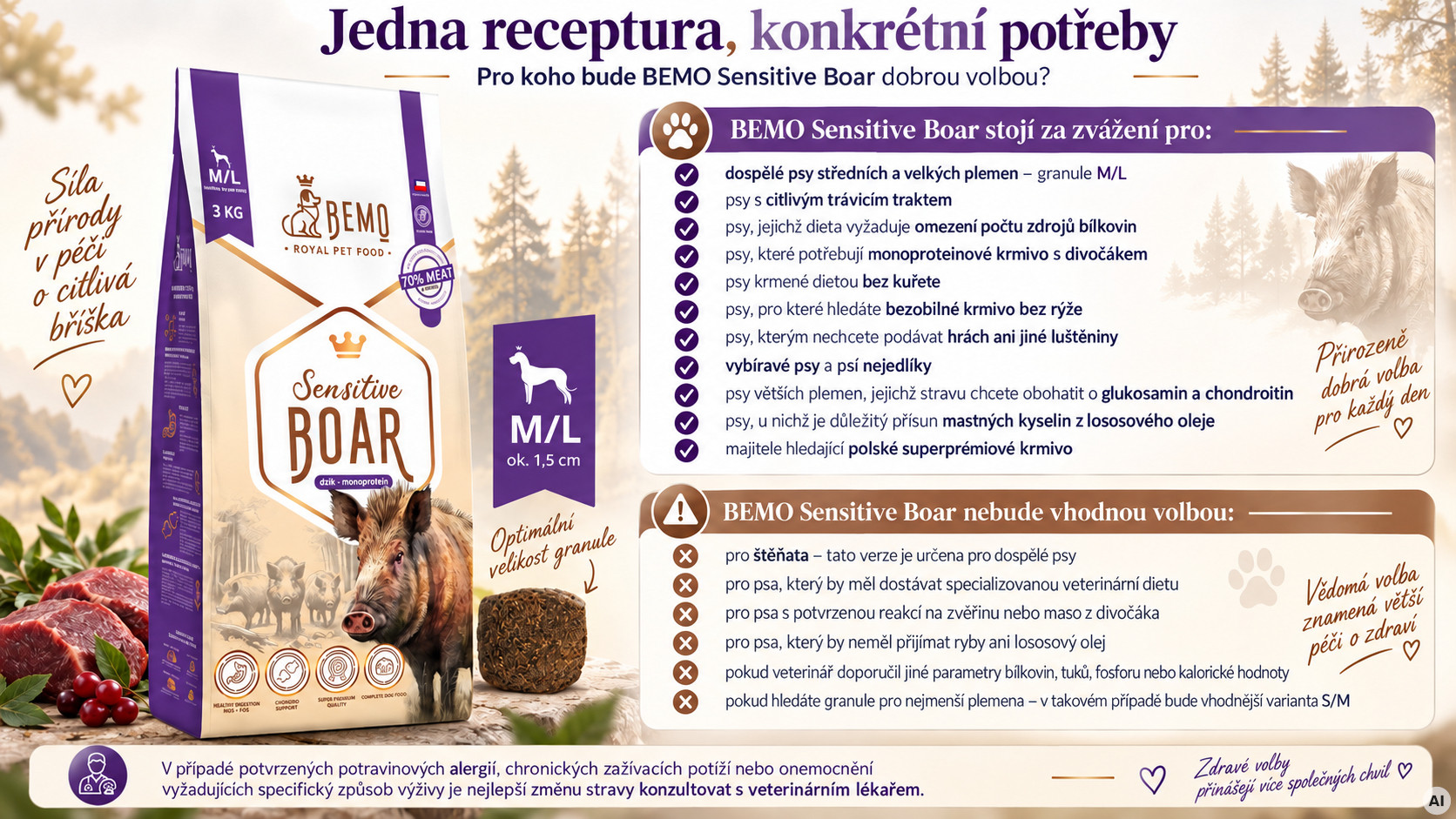 BEMO Sensitive Boar Medium/Large Mono - suché krmivo pro psy - 3kg - foto 2