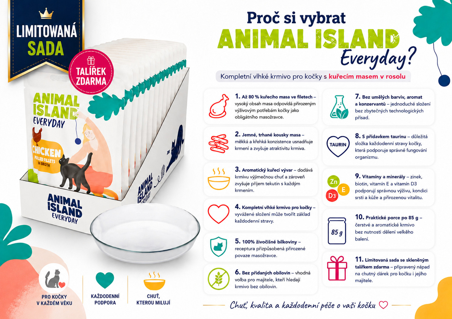 ANIMAL ISLAND Everyday Chicken in broth Box - mokré krmivo pro kočky - 12x85g + talířek zdarma - foto 1