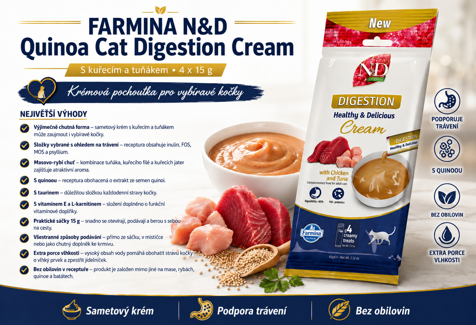 FARMINA N&D Quinoa Cat Digestion Cream with Chicken & Tuna box – pamlsek pro kočku – 4x15g - foto 1