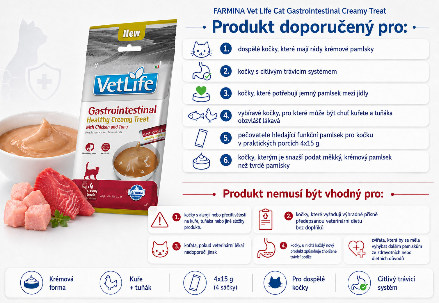 FARMINA Vet Life Cat Gastrointestinal Creamy treat with Chicken & Tuna box – pamlsek pro kočku – 24x(4x15g) - foto 2