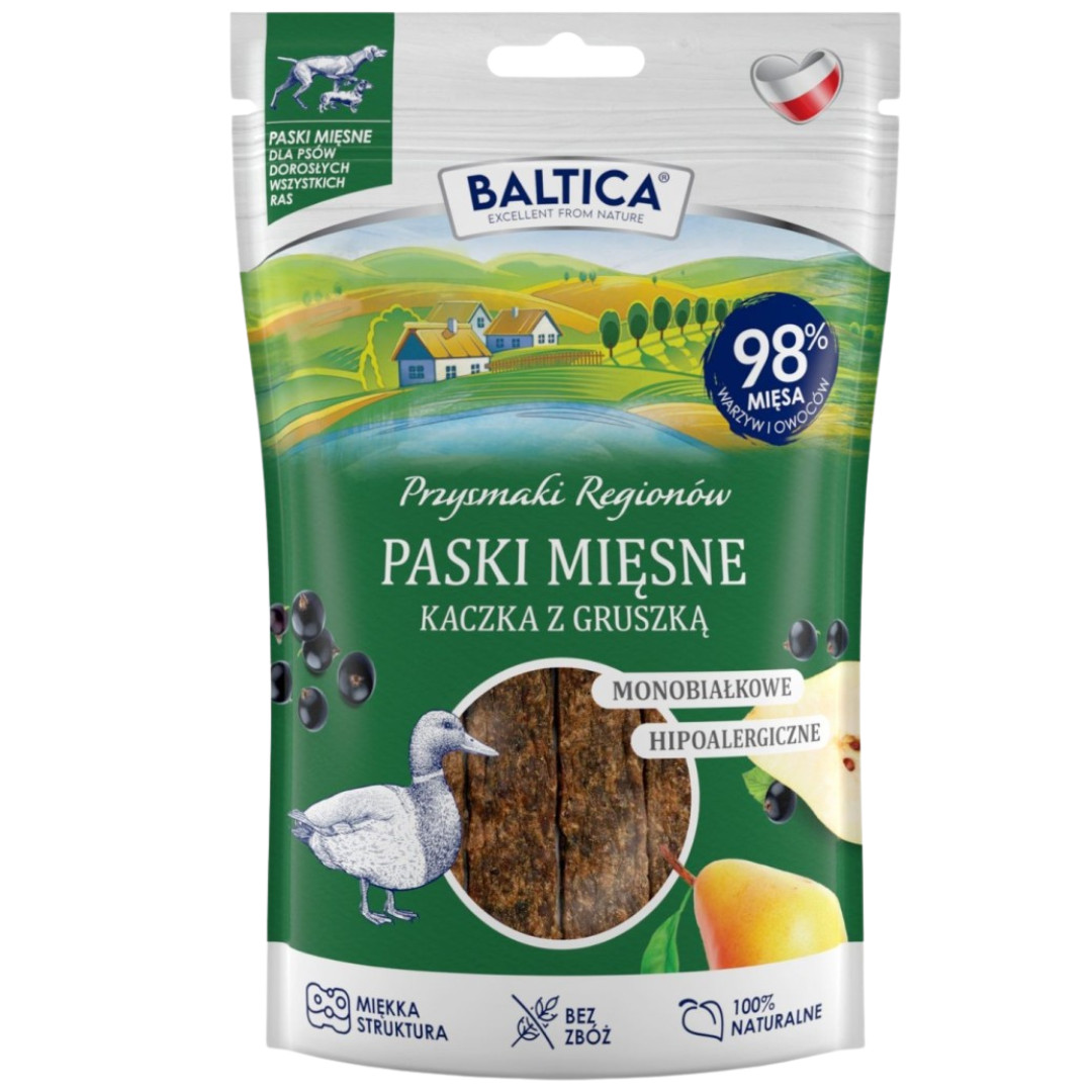 BALTICA Przysmaki Regionów Mono Masové pásky Kachna s hruškou – pamlsek pro psa – 90 g - foto 1