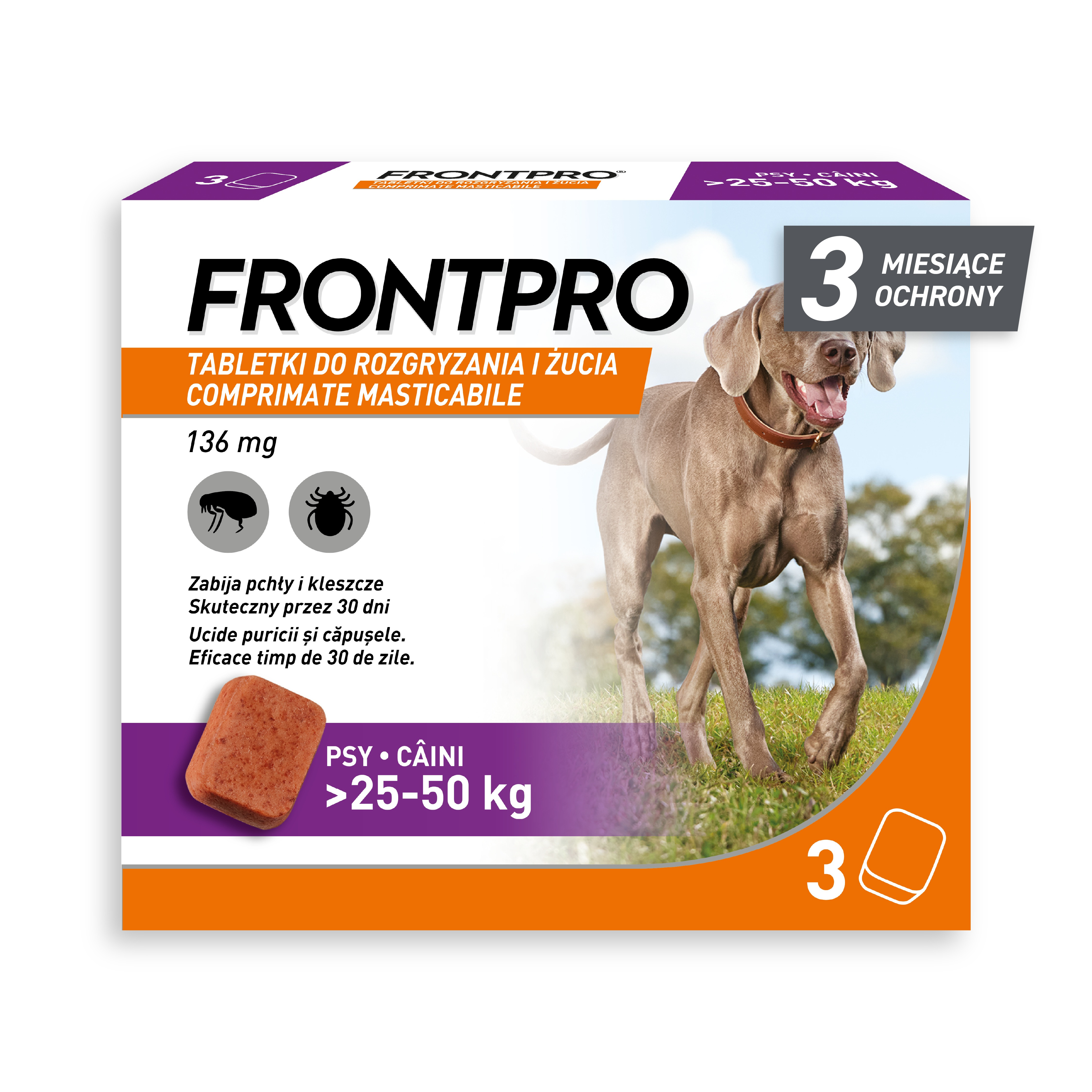 FRONTPRO Tablety proti blechám a klíšťatům pro psa (>25-50 kg) - 3x 136mg - foto 1