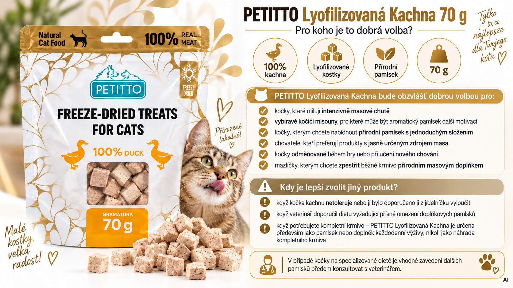 PETITTO Freeze-dried duck treats - pamlsek pro kočky - 70g - foto 5