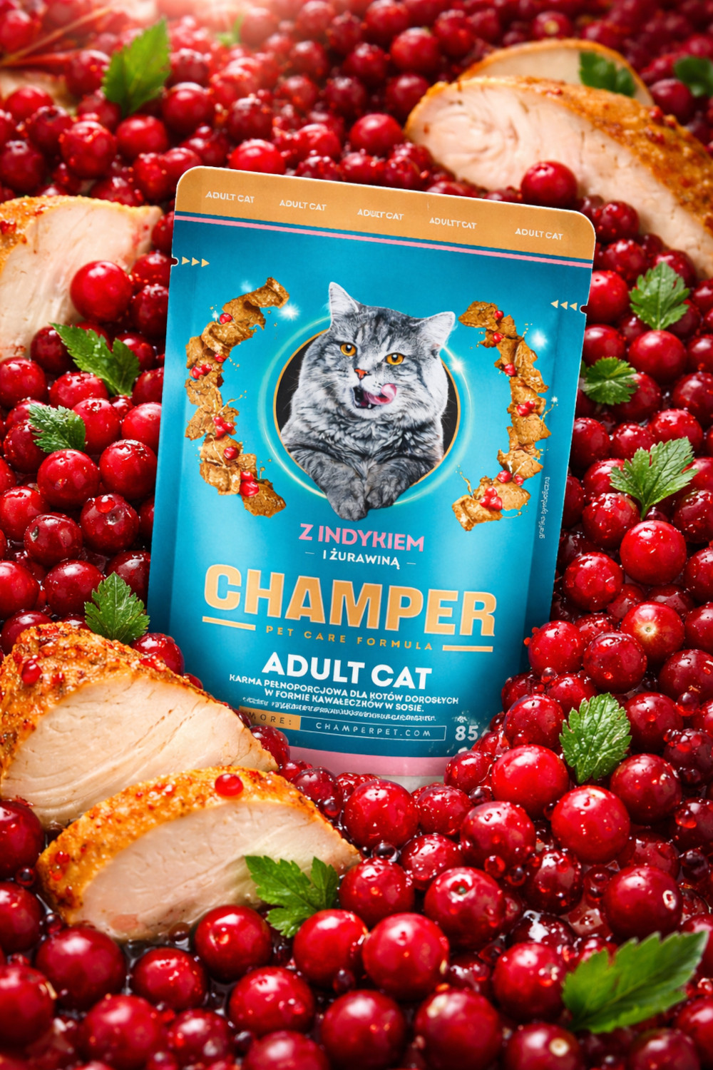 CHAMPER with turkey and cranberries - mokré krmivo pro kočky - 85g - foto 2
