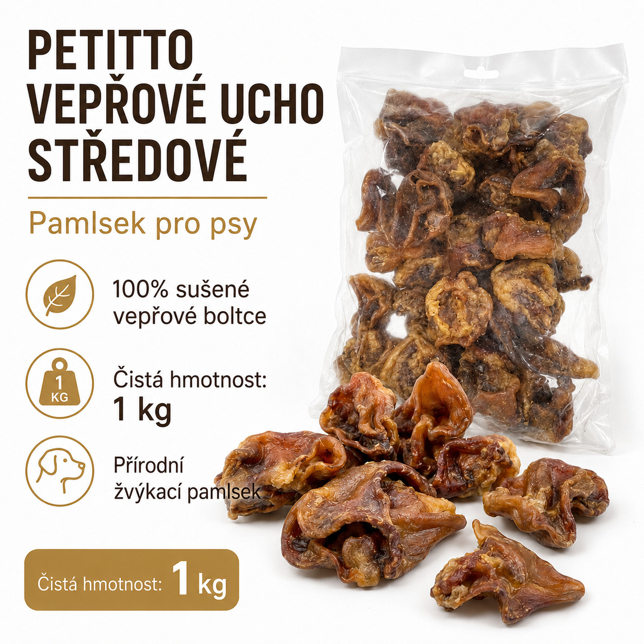 PETITTO střední vepřové ucho Mono - pamlsek pro psy - 1 kg - foto 3