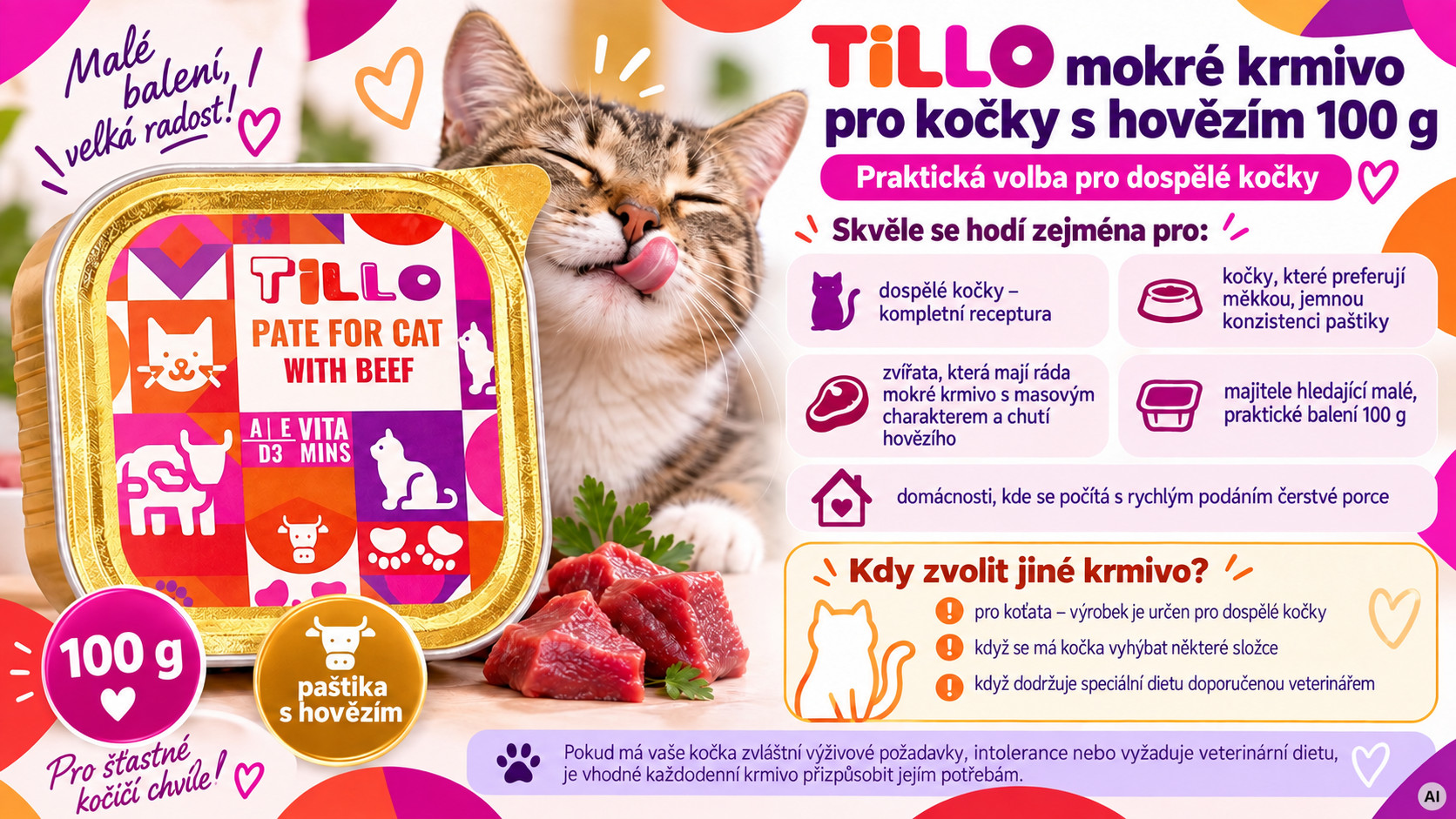TILLO Paštika v misce Mix příchutí - mokré krmivo pro kočky - 102x100g - foto 2