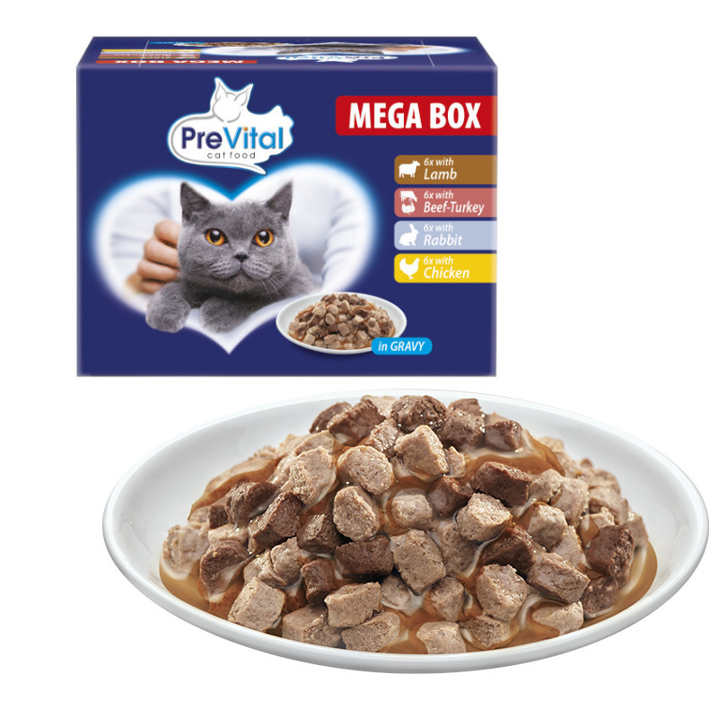 PREVITAL Cat Food Megabox s jehněčím, hovězím, králíkem a kuřetem v omáčce - mokré krmivo pro kočky - 24 x 100g - foto 1