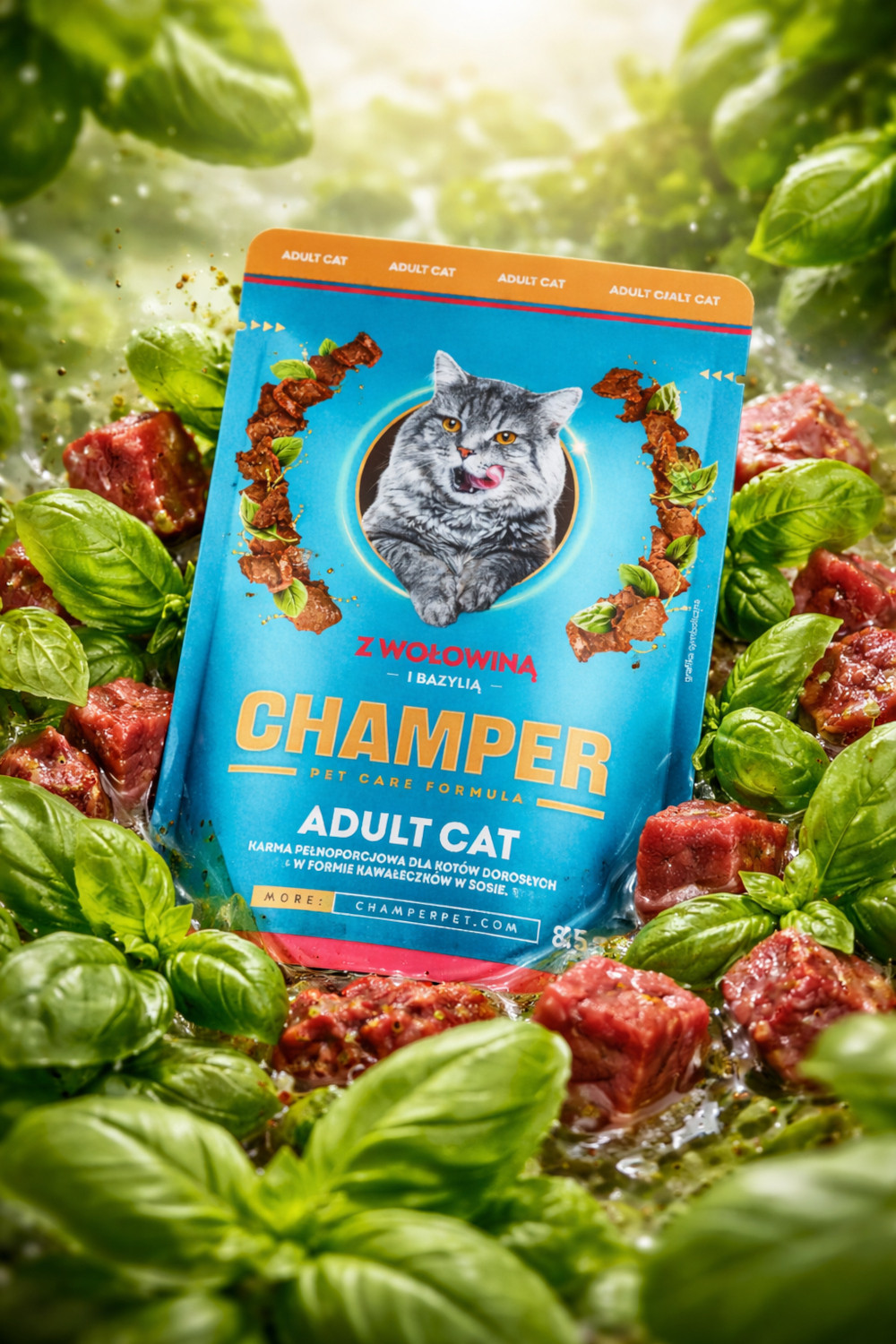 CHAMPER with beef and basil - mokré krmivo pro kočky - 85g - foto 2