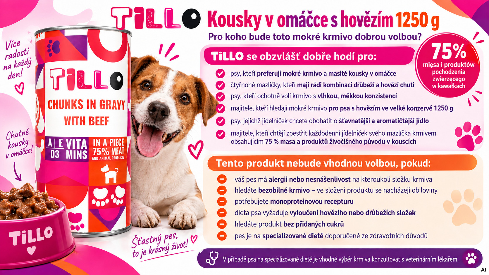 TILLO Kousky v omáčce s hovězím masem - mokré krmivo pro psy - 6x1250g - foto 2