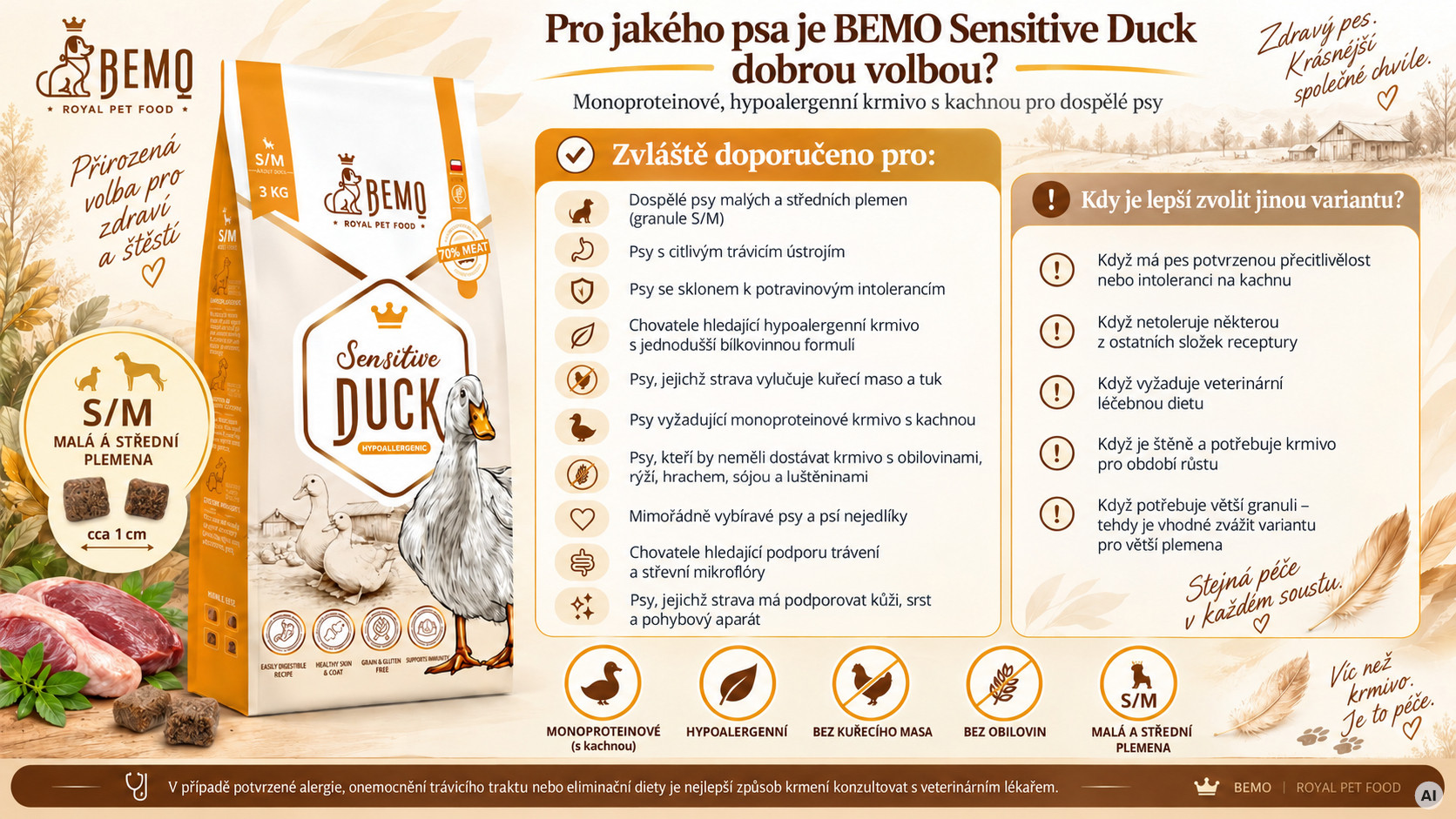 BEMO Sensitive Duck Small/Medium Mono - suché krmivo pro psy - 3kg - foto 2