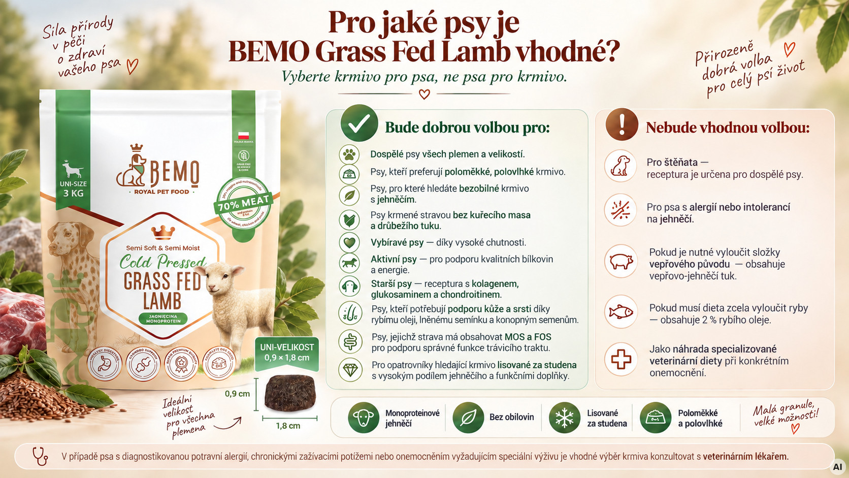 BEMO Cold Pressed Grass Fed Lamb - suché krmivo pro psy - 3kg - foto 2