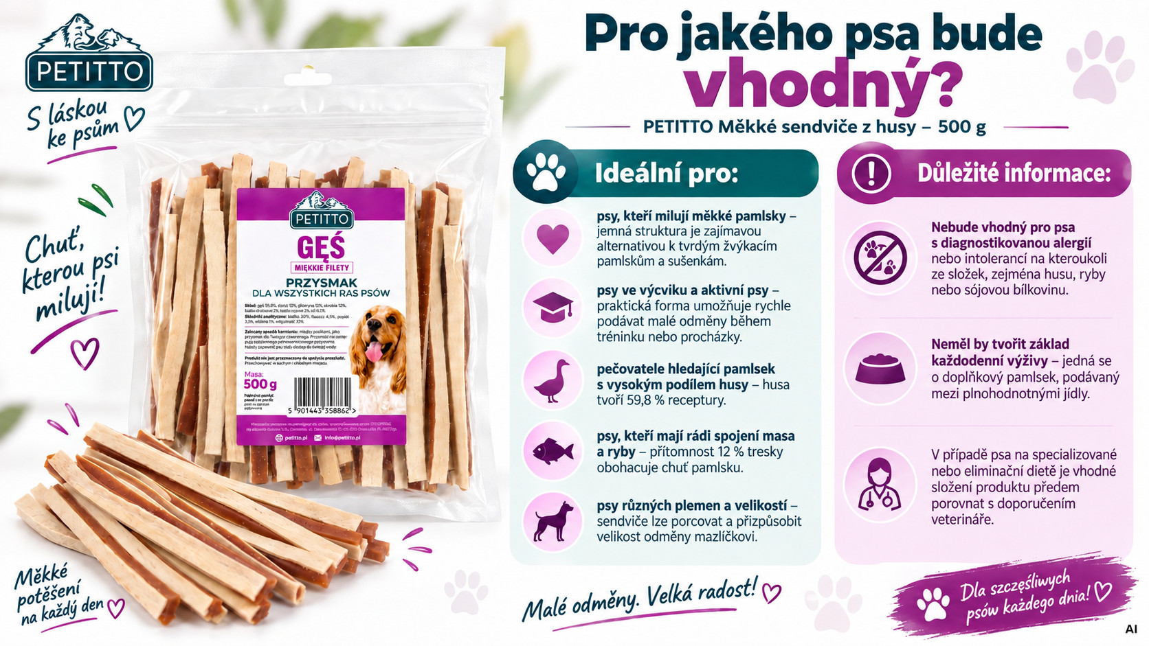 PETITTO Soft goose sandwiches - pamlsek pro psa - 500g - foto 2