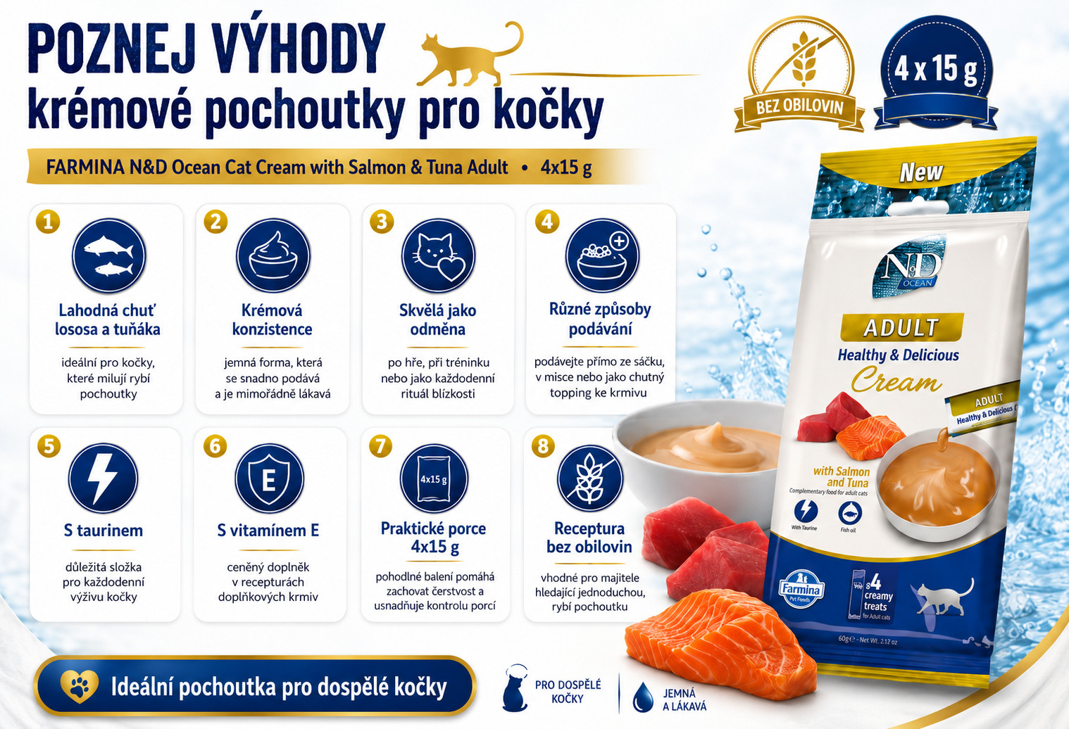 FARMINA N&D Ocean Cat Cream with Salmon & Tuna adult box – pamlsek pro kočku – 12x(4x15g) - foto 1