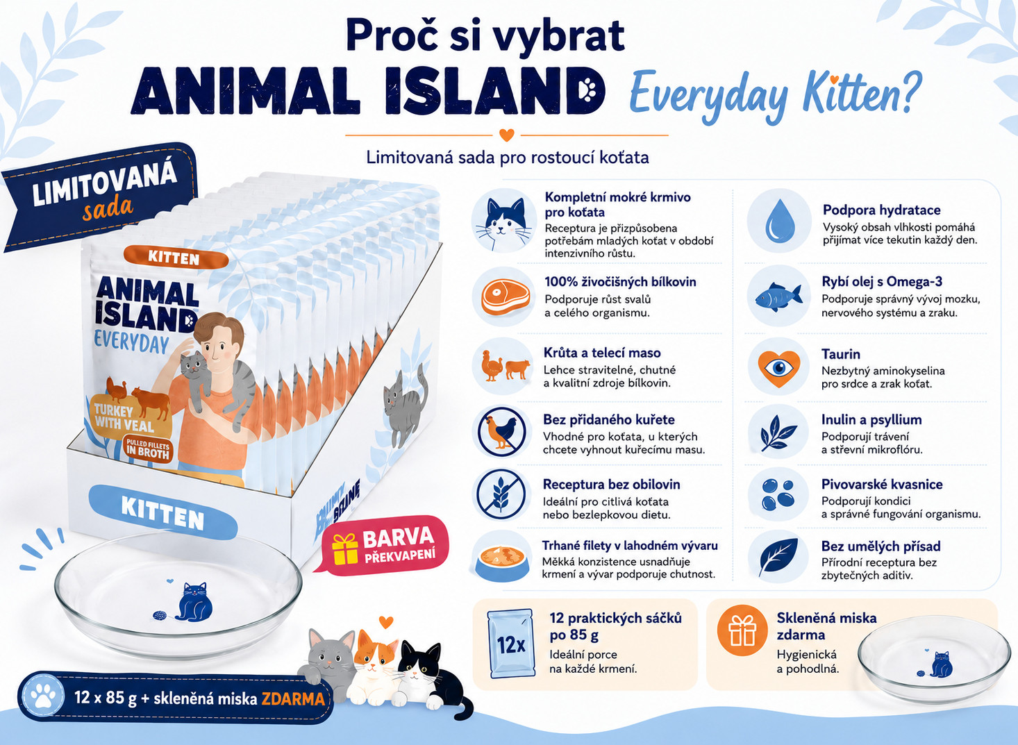 ANIMAL ISLAND Everyday Kitten Turkey and veal in broth Box - mokré krmivo pro kočky - 12x85g + talířek zdarma - foto 1