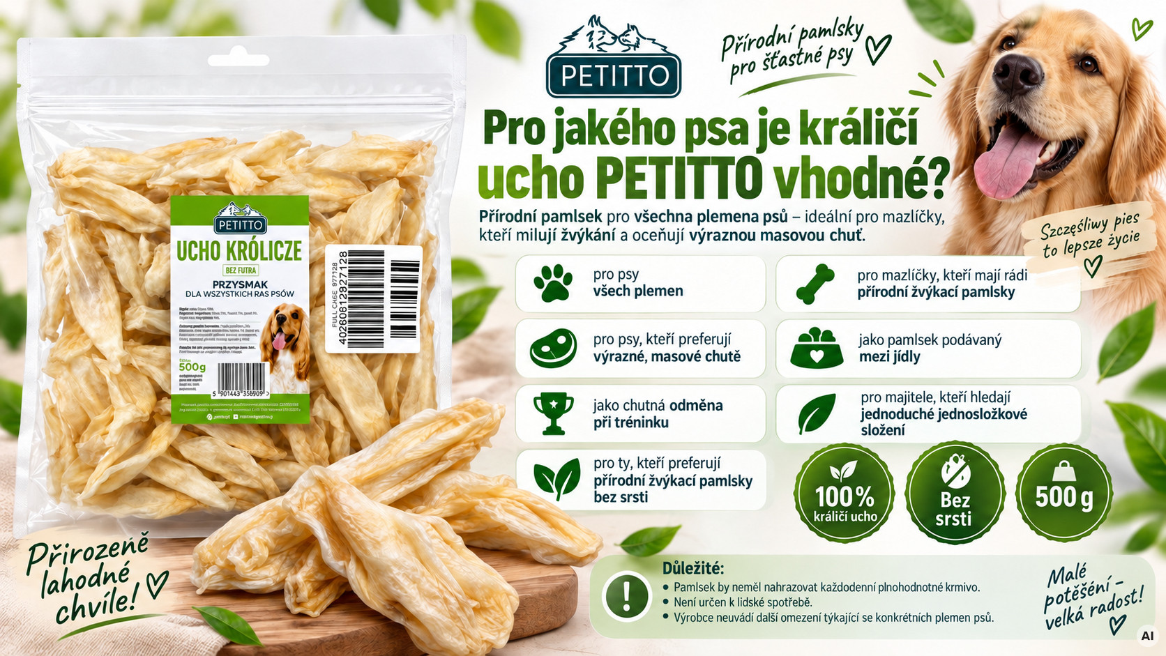 PETITTO Rabbit ear without fur Mono - pamlsek pro psa - 500g - foto 2