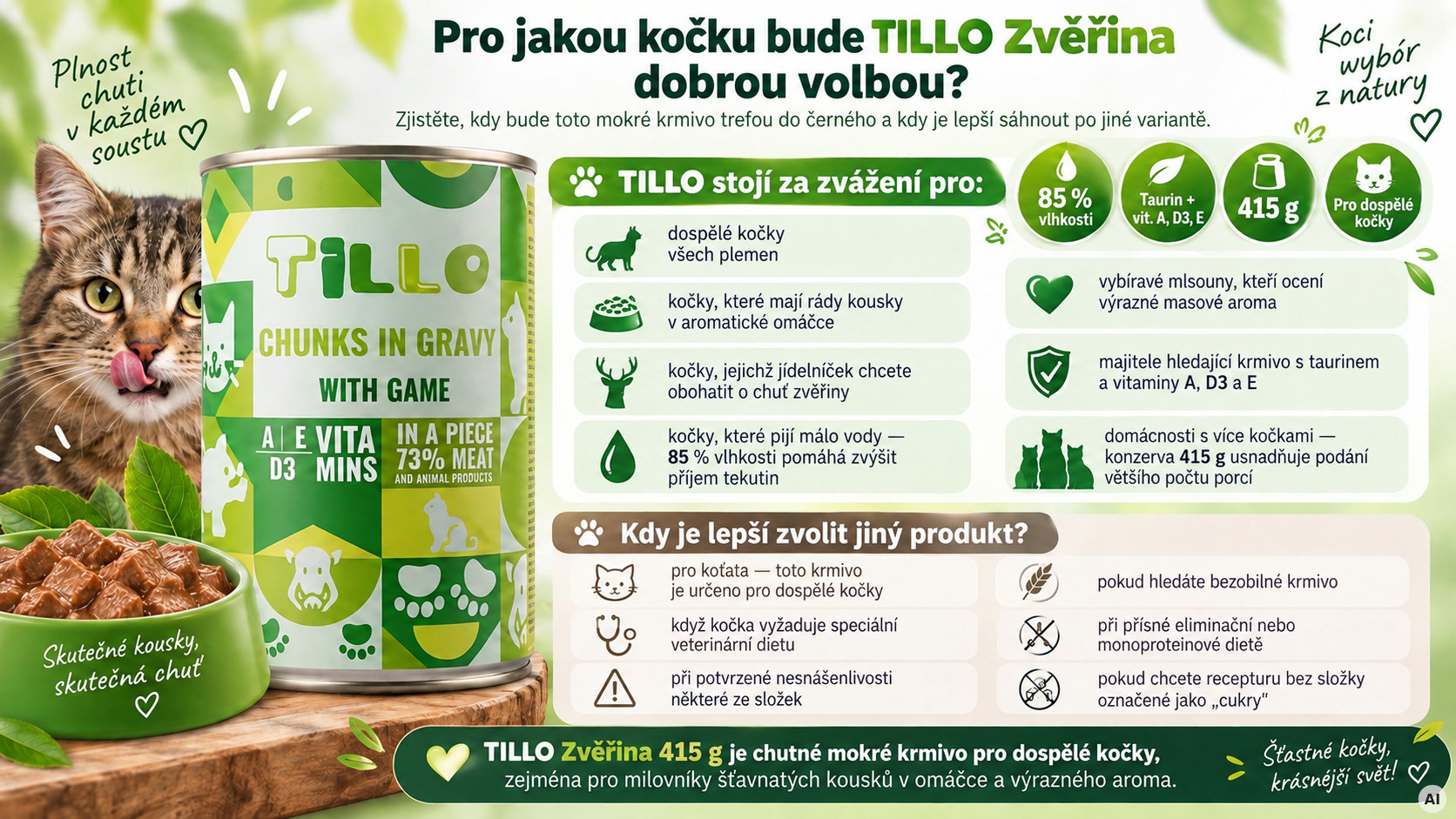 TILLO Kousky v omáčce se zvěřinou - mokré krmivo pro kočky - 12x415 g - foto 2