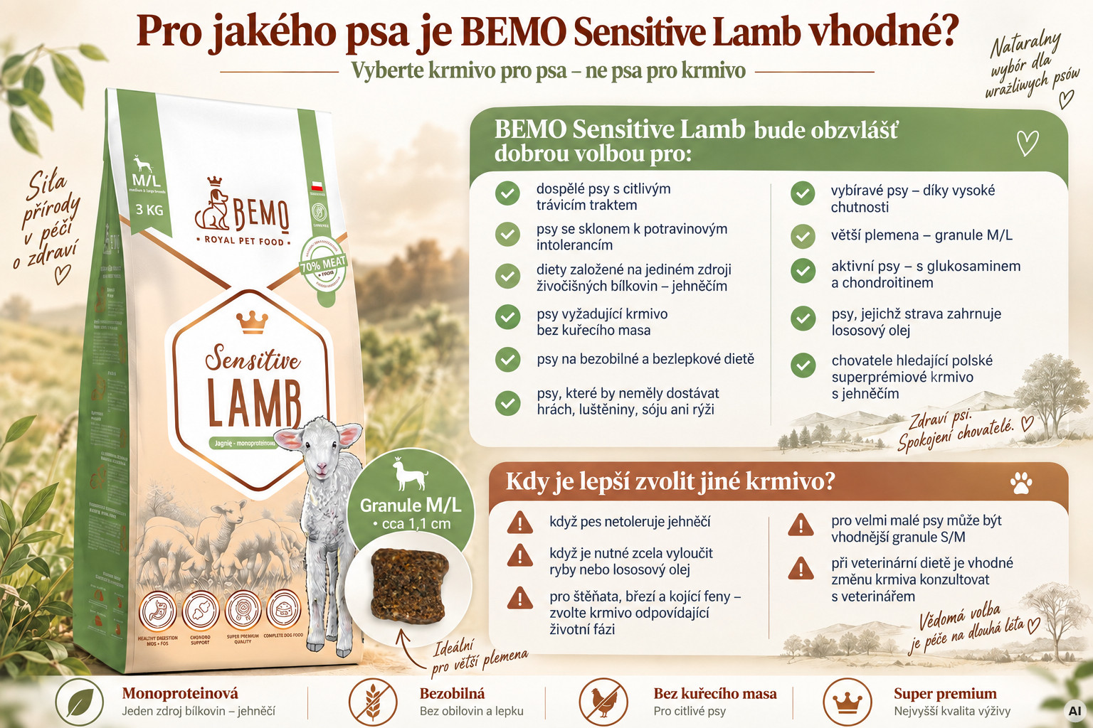 BEMO Sensitive Lamb Medium/Large Mono - suché krmivo pro psy - 3kg - foto 2