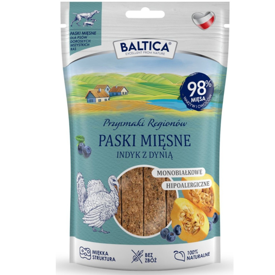 BALTICA Przysmaki Regionów Mono Masové pásky Krůta s dýní – pamlsek pro psa – 90 g - foto 1