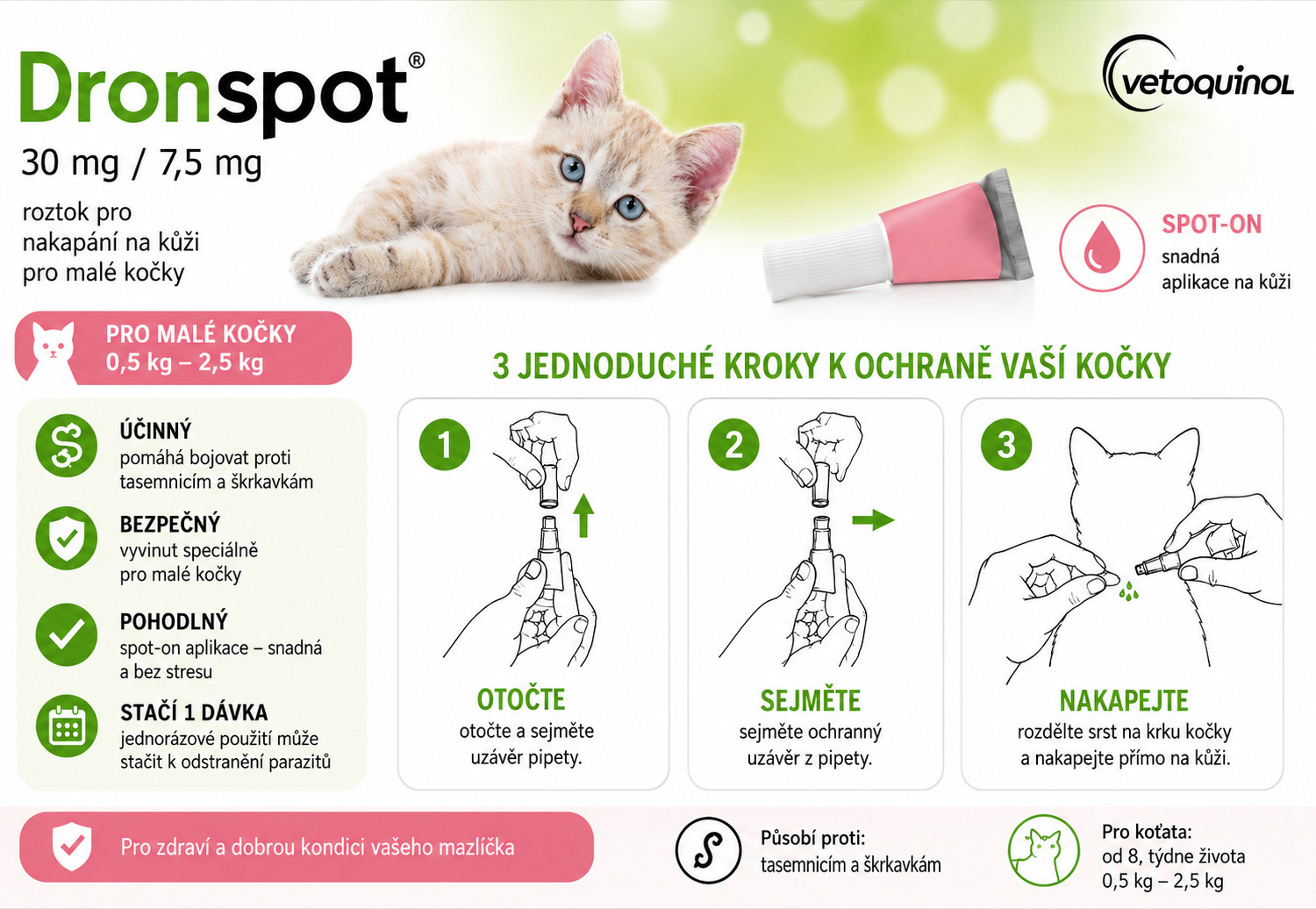  VETOQUINOL Dronspot - odčervovací kapky pro kočky 0,5-2,5 kg - foto 2